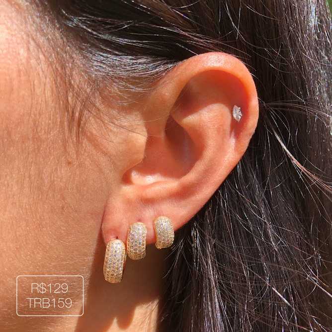 Trio de Argola 5 Carreiras Zirconia Luxo Cristal Dourado